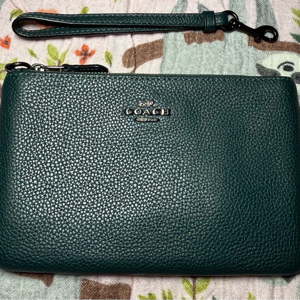 Coach Teal Leather Wristlet with Silver Accents